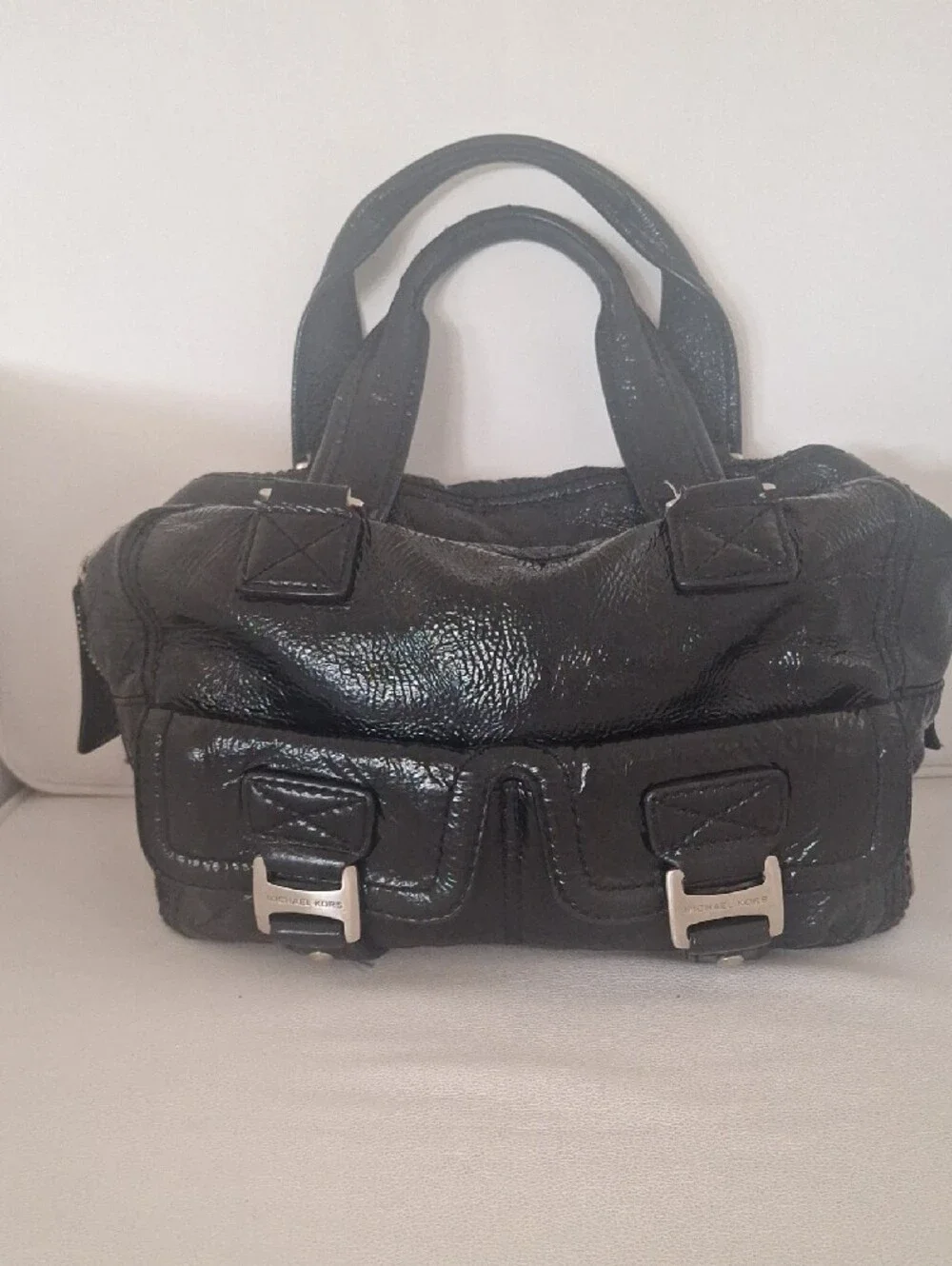 Michael Kors Black Patent Leather Shoulder Bag with Silver Hardware